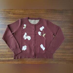 NWOT Women’s Brown Floral Button-Front Crewneck Sweater Cardigan - Size M